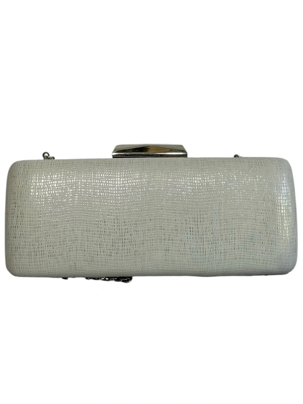 Neiman Marcus Evening Clutch White Silver Rectangle Hard Shell Wedding Purse